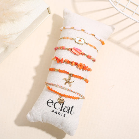 Lot de 6 bracelets dorés nuances d'orange sur coussin