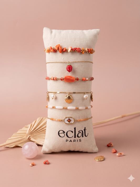 Lot de 6 bracelets dorés nuances d'orange sur coussin