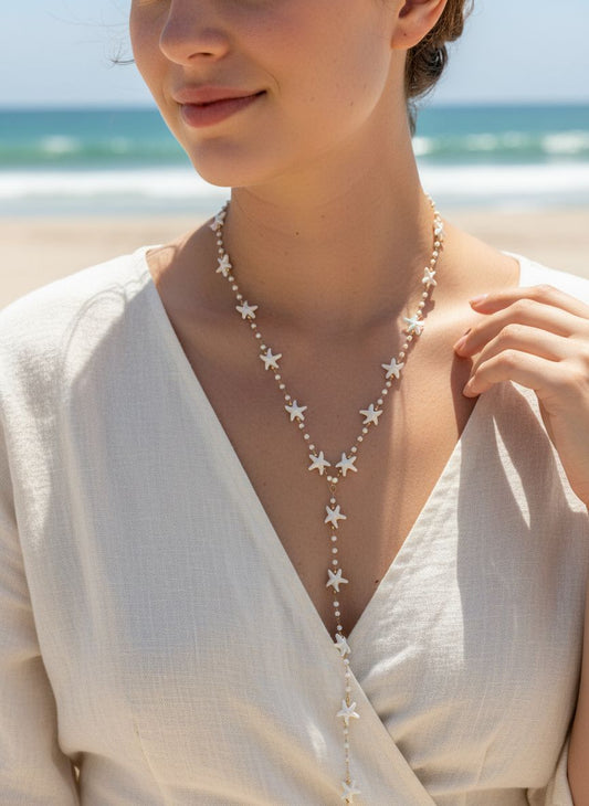 Collier sautoir étoile de mer blanche en Y
