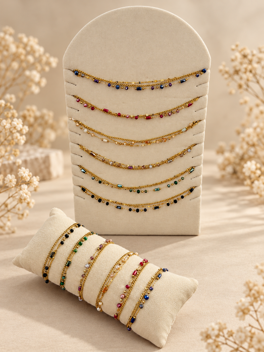 Lot de 6 bracelets triples chaînes avec cristaux colorés