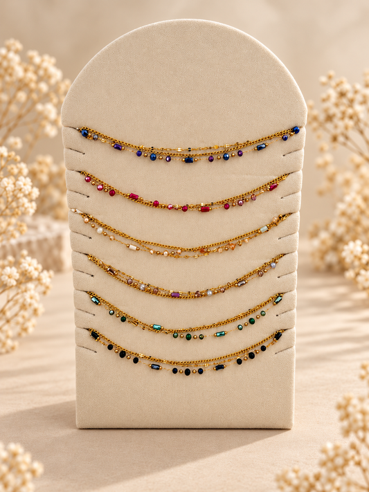 Lot de 6 colliers triples chaînes avec cristaux colorés