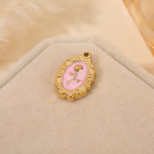 Lot de 3 pendentifs dorés cadre ovale émail rose fleur centrale