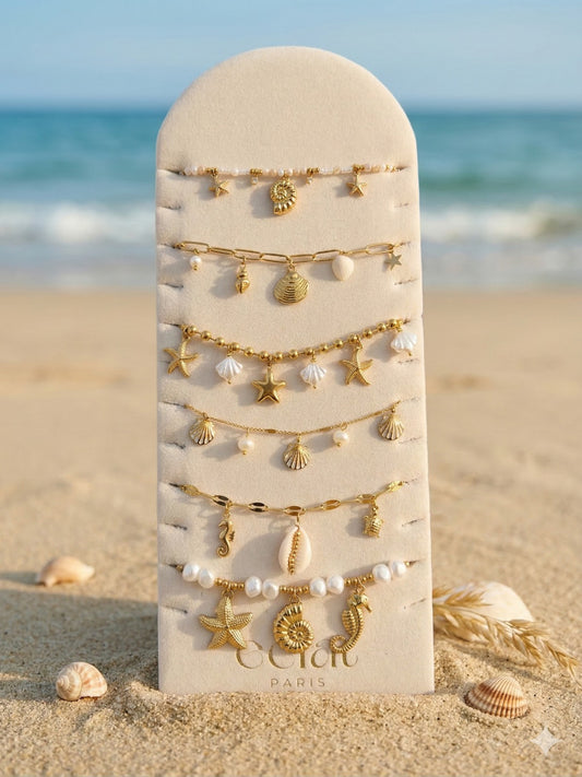 Lot de 6 bracelets thème de la mer ton beige