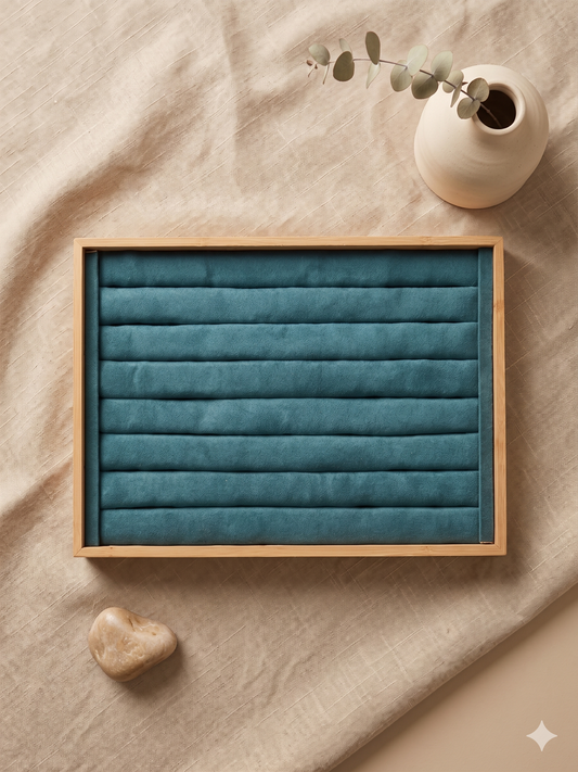 Présentoir bijoux en velours bleu canard