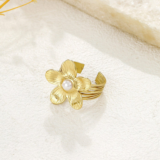 Bague Doré Fleur Pétales avec Perle - Eclat Paris