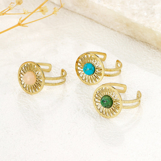 Bague Dorée Ajustable Cercle Ajouré Et Pierre Turquoise - Eclat Paris