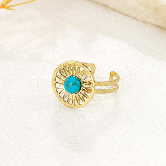 Bague Dorée Ajustable Cercle Ajouré Et Pierre Turquoise - Eclat Paris