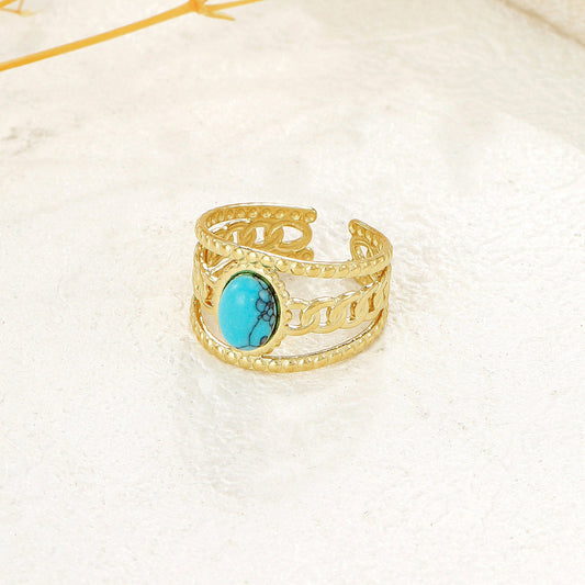 Bague Dorée Ajustable Chaîne Maillons Avec Pierre Ovale Turquoise - Eclat Paris