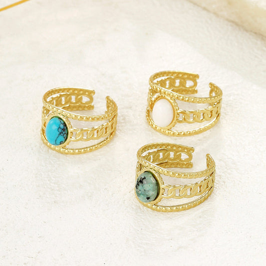 Bague Dorée Ajustable Chaîne Maillons Avec Pierre Ovale Turquoise - Eclat Paris