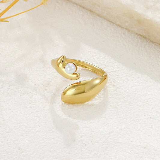 Bague Dorée Ajustable En Forme Avec Perle Ouverture - Eclat Paris