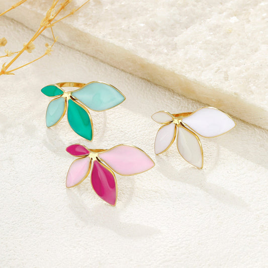 Bague Dorée Ajustable Motif Feuilles Roses Émaillées Et Fuchsia - Eclat Paris