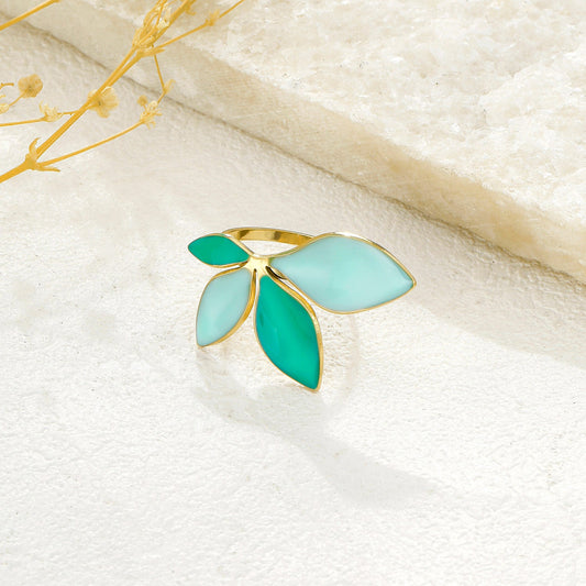 Bague Dorée Ajustable Motif Feuilles Vert Menthe Et Émeraude - Eclat Paris