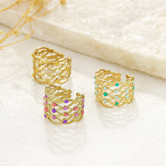 Bague Tressée Dorée émaillé Roses Et Mauves - Eclat Paris