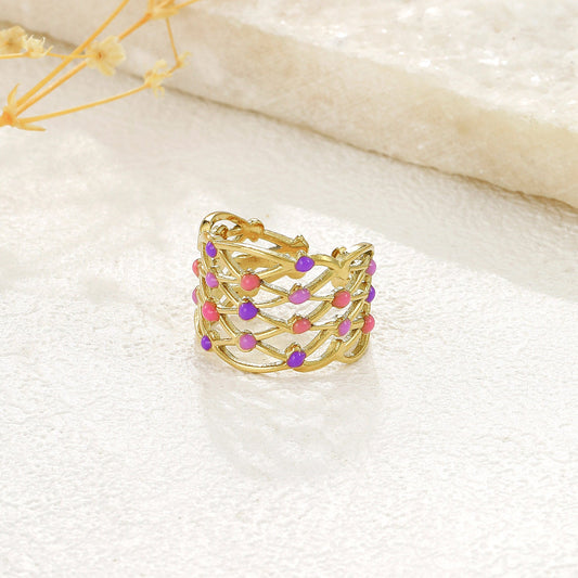 Bague Tressée Dorée émaillé Roses Et Mauves - Eclat Paris