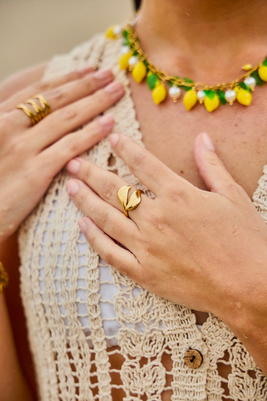 Bague Ajustable Deux Vagues Lisses Brillantes Ouverte Devant