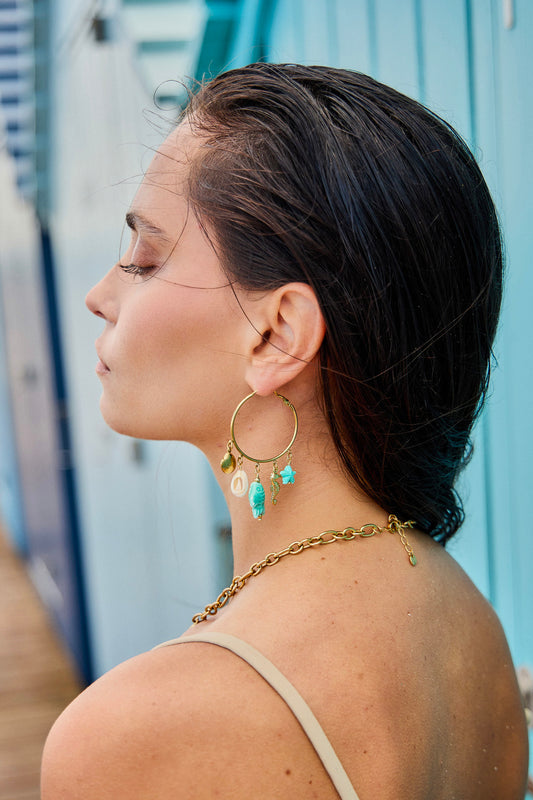 Boucles d'oreilles créoles avec pendentifs marins poisson bleu