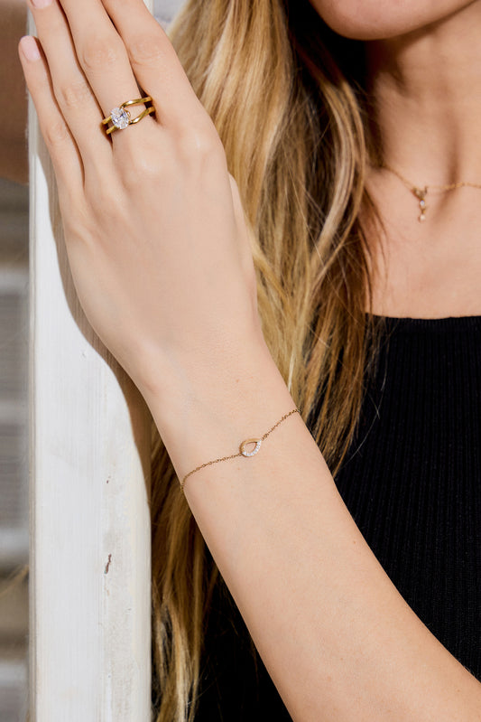 Bracelet Ajustable Avec Anneau Goutte Incrusté de Strass