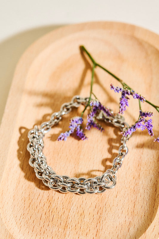 Bracelet Argenté Tresse de Gros Maillons Multi Couches