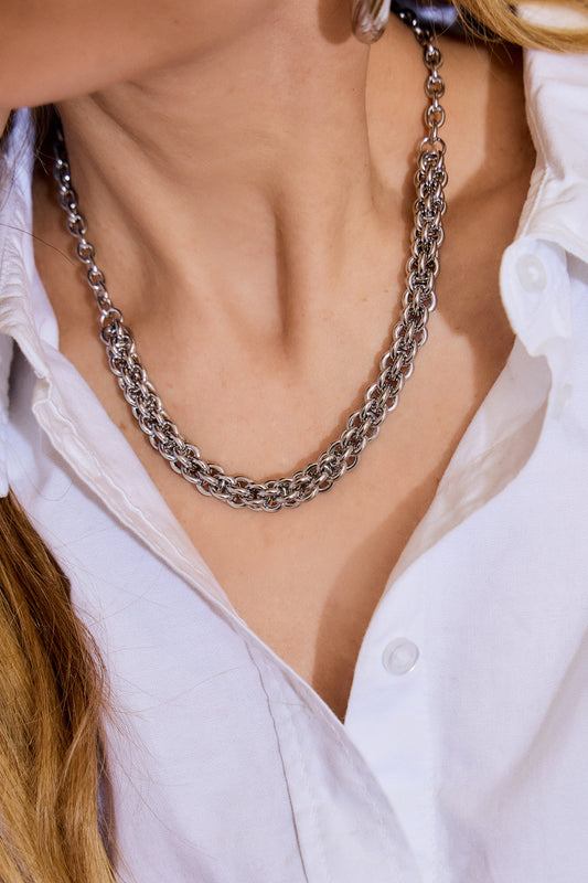 Collier Argenté Tresse de Gros Maillons Multi Couches