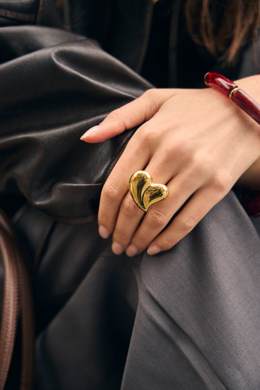 Bague dorée ajustable semi-épaisse cœur bombé effet miroir