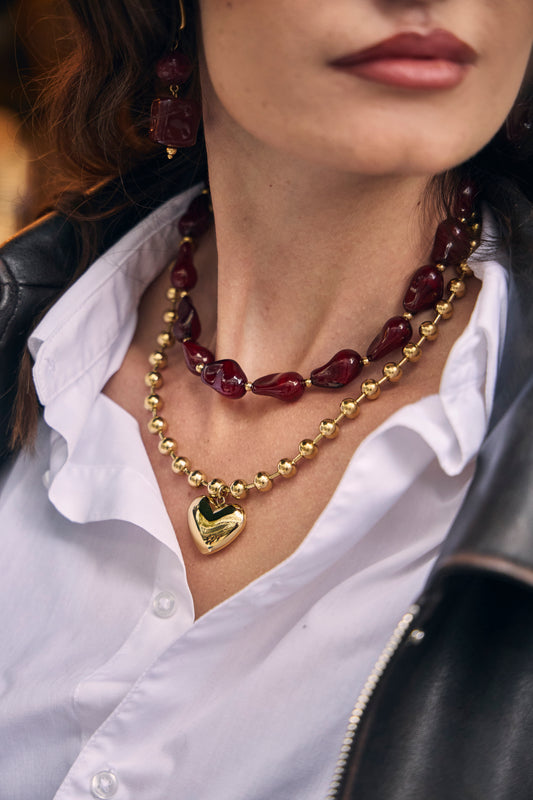 Collier doré boules pendentif grand cœur bombé