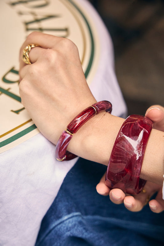 Bracelet élastique segments résine bordeau et pailletée séparateurs dorés