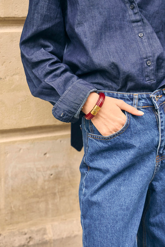 Bracelet manchette doré aimanté résine bordeau