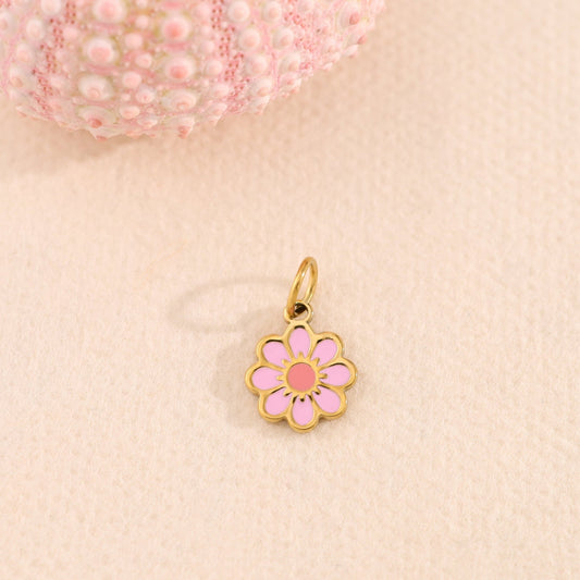 Lot de 3 Pendentifs Fleur Rose Émaillée Contour Doré - Eclat Paris