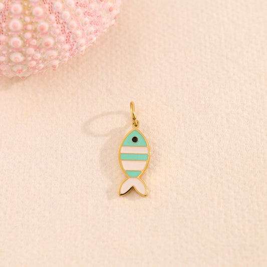 Lot de 3 Pendentifs Poisson Rayé Turquoise Et Blanc Contour Doré - Eclat Paris