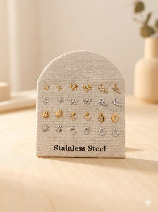 Lot de 12 paires de puces d'oreilles motifs tendance sur présentoir