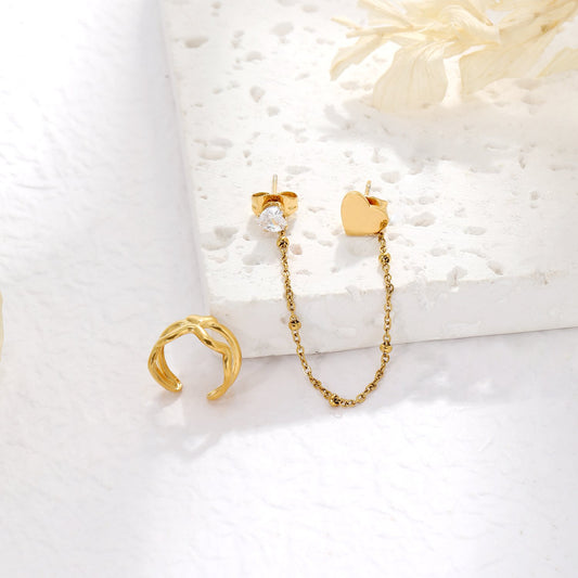 Linked rhinestone earrings with heart and ear cuff