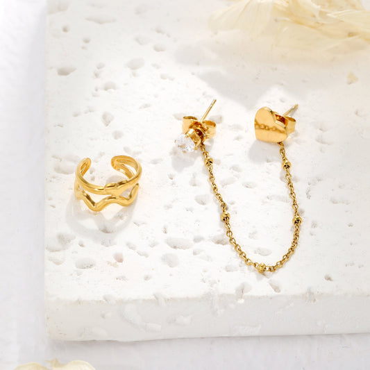 Linked rhinestone earrings with heart and ear cuff