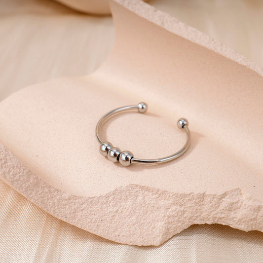 Triple ball silver adjustable ring