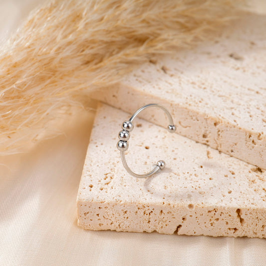 Triple ball silver adjustable ring