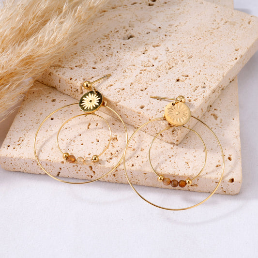 Boucle d'oreilles double créole avec perles de couleur dorée marron