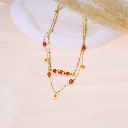 Double chain necklace red gold beads