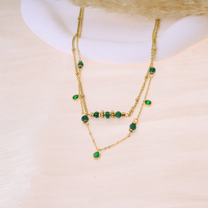 Double chain necklace with green beads