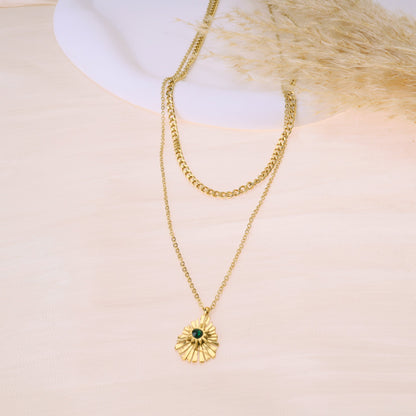 Double chain necklace with pendant and colored stone