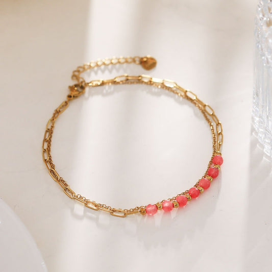 Double chain anklet with pink stone